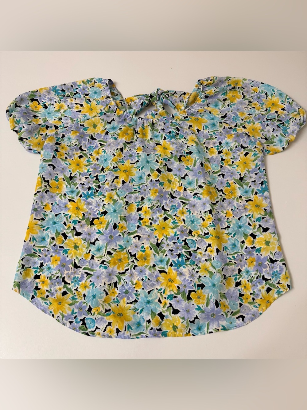 Women Floral Blouse Puff Sleeve Tie Neck Blue Yellow Spring Top Size Large